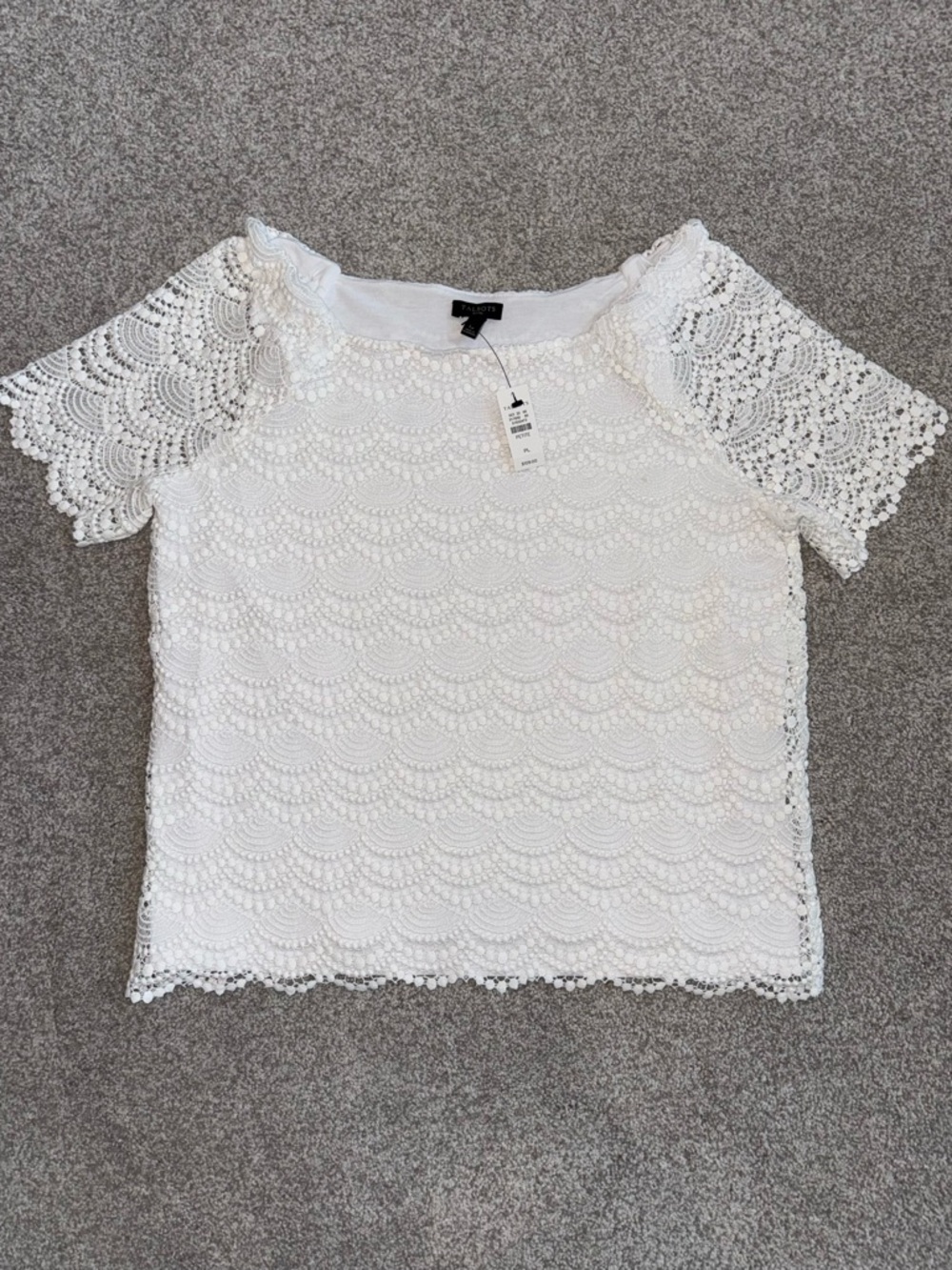 NWT Talbots White Lace Overlay Short Sleeve Top - Size Petite Large